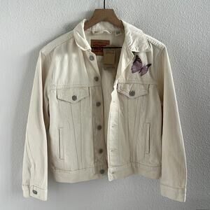NWT Levi's Women's Ex-Boyfriend Trucker Jacket Butterfly Detail Cream Cotton XS